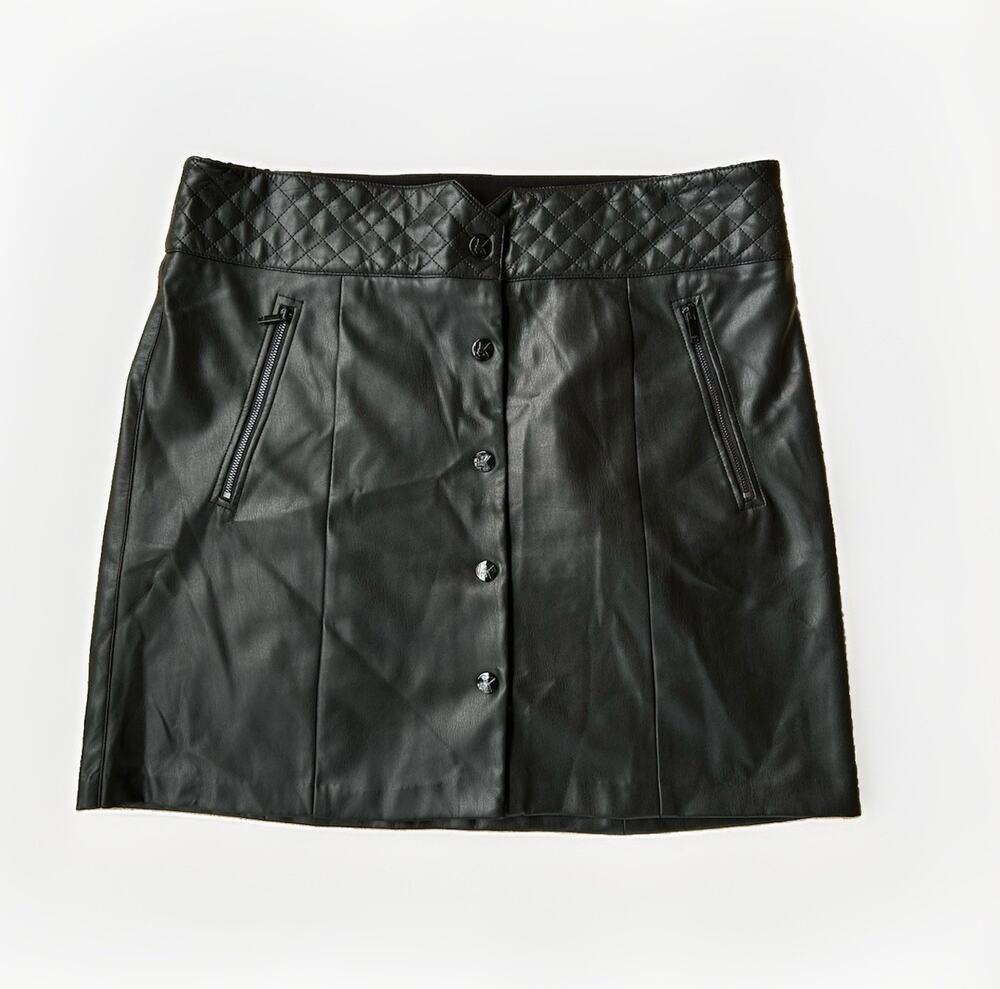 Karl Lagerfeld Paris Mini Skirt Size 16 Black Faux Leather Quilted Button Front